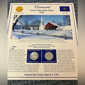 Vermont State Coin Quarter Stamps Card Historical Geographical Ltd Mint